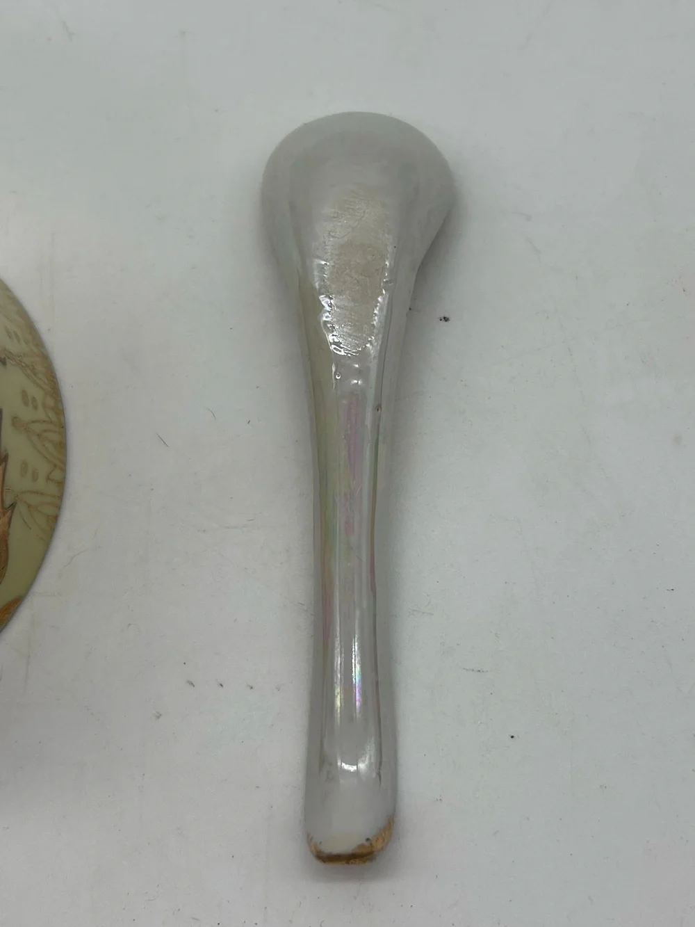 Vintage Ceramic Condiment Jar With Spoon Iridescent Pale Green